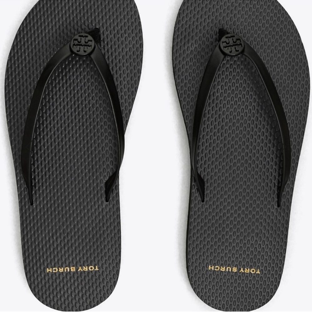 Tory Burch Black Platform Wedge Flip Flops with Leather Straps